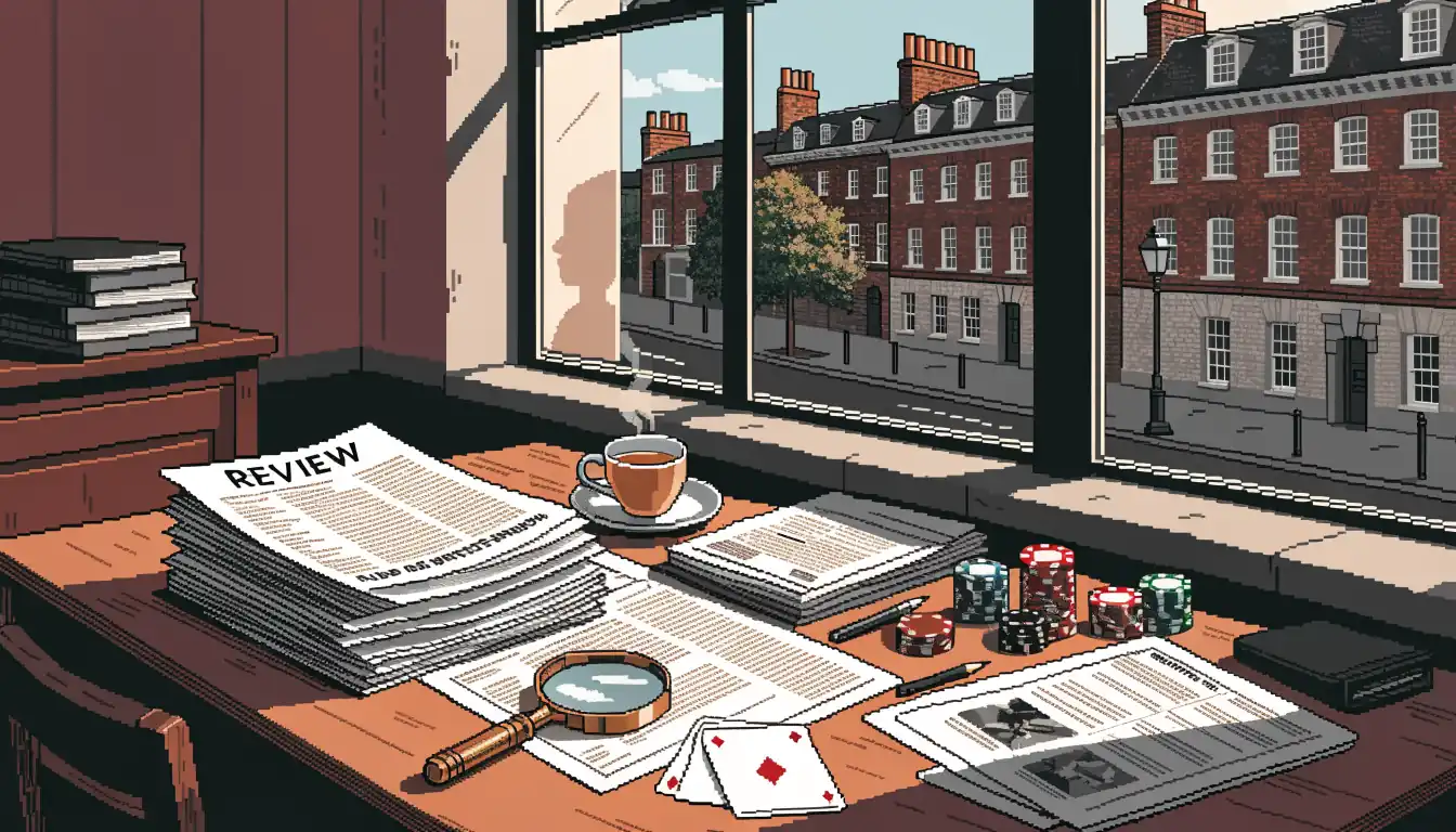 London editorial desk with casino chips, cards, review documents, and a magnifying glass