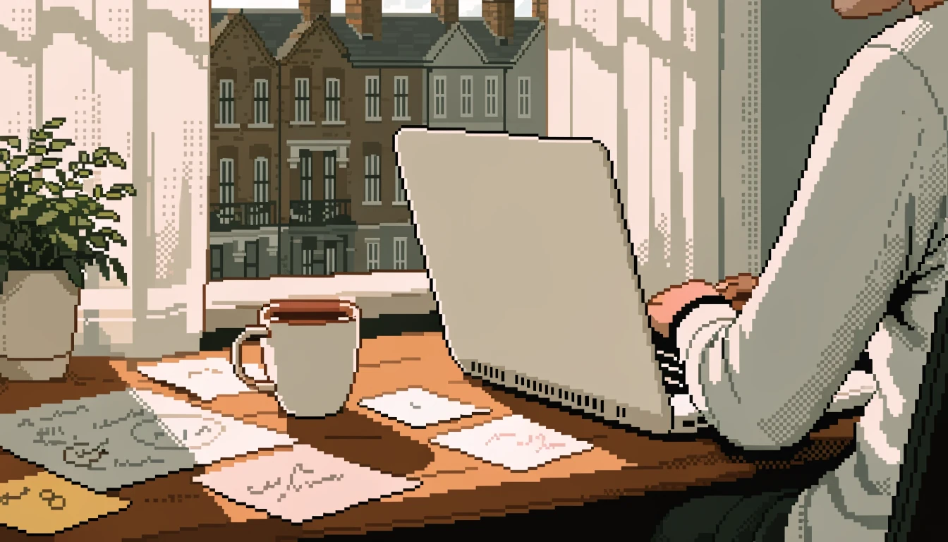 British home office desk with laptop, tea, and notes by a sunny window.