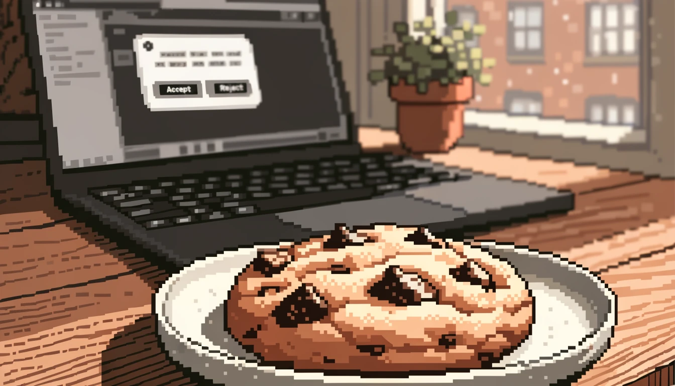 Chocolate chip cookie beside a laptop with cookie consent dialog