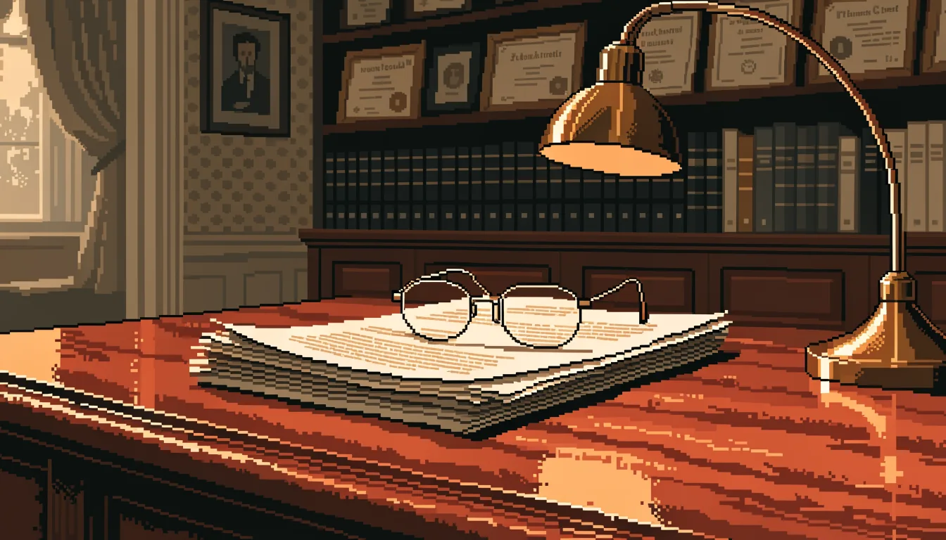 Reading glasses on documents on a wooden desk in a British study