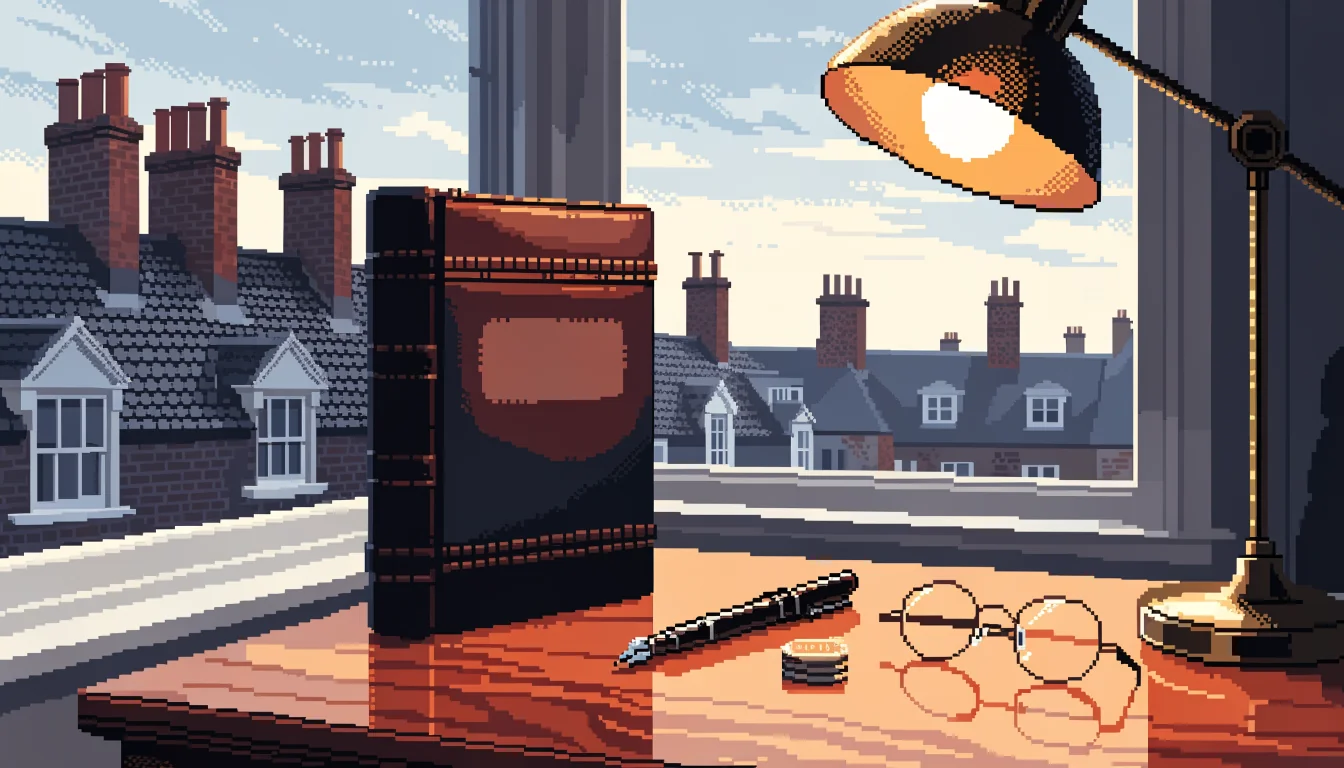 Leather volume on oak desk with lamp, pen, glasses, London rooftops behind