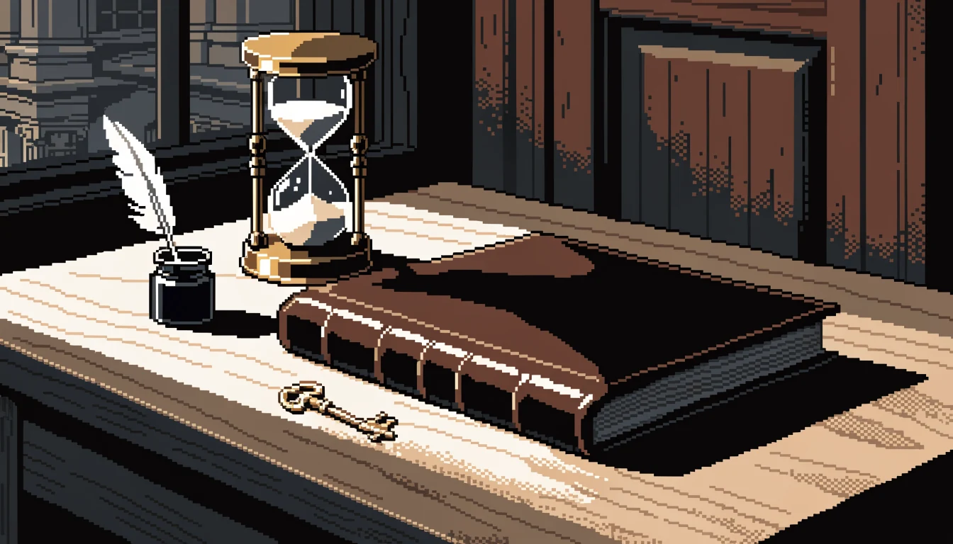 Leather ledger with hourglass, quill and brass key on wooden desk