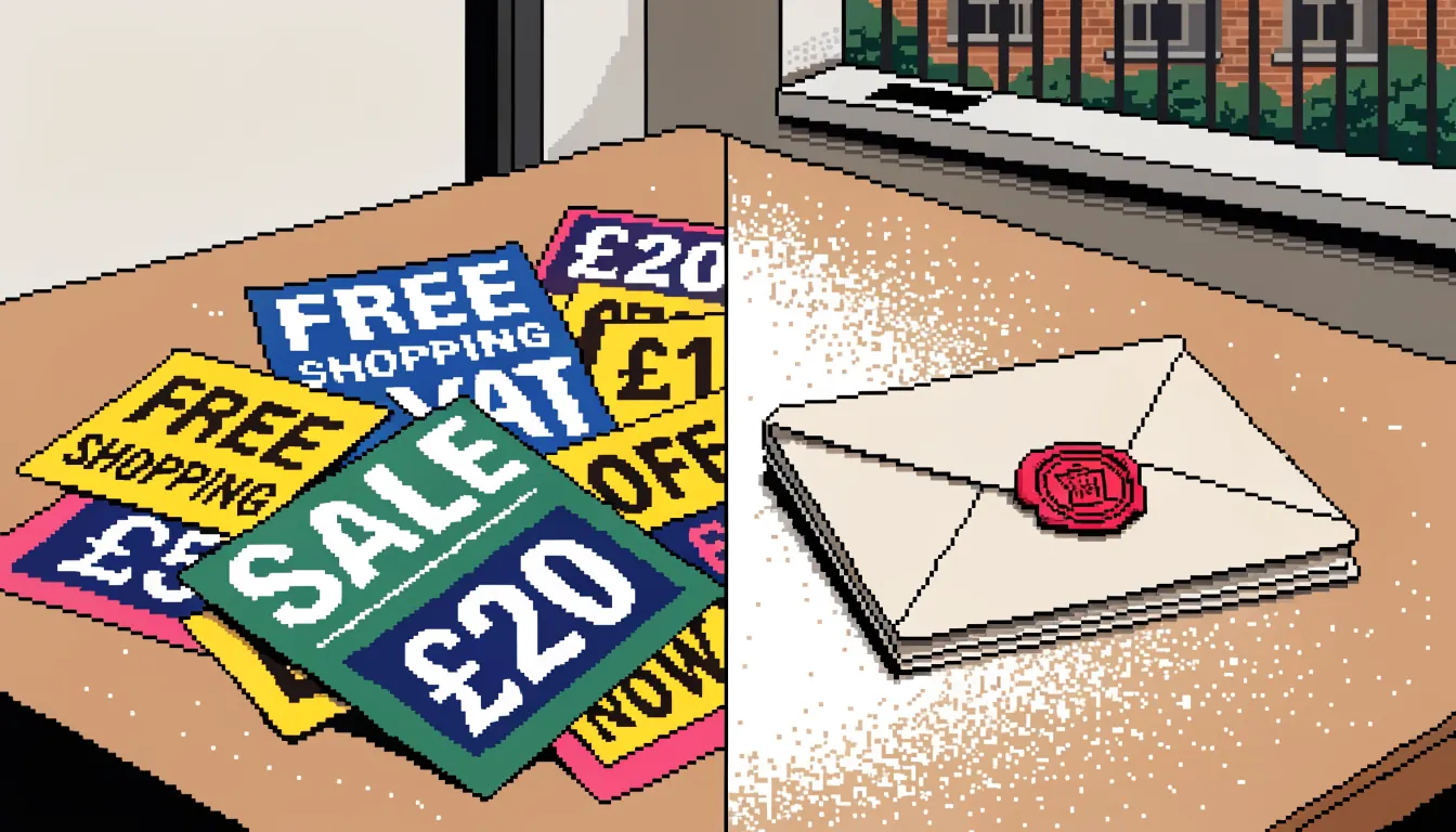 Tabletop divided: bright promotional flyers on one side, sealed envelope on other
