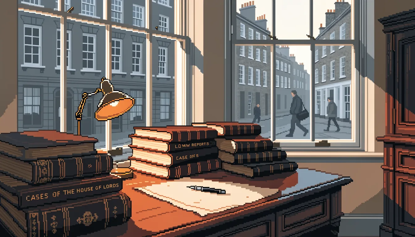 Traditional British law office desk with leather-bound volumes and legal documents.