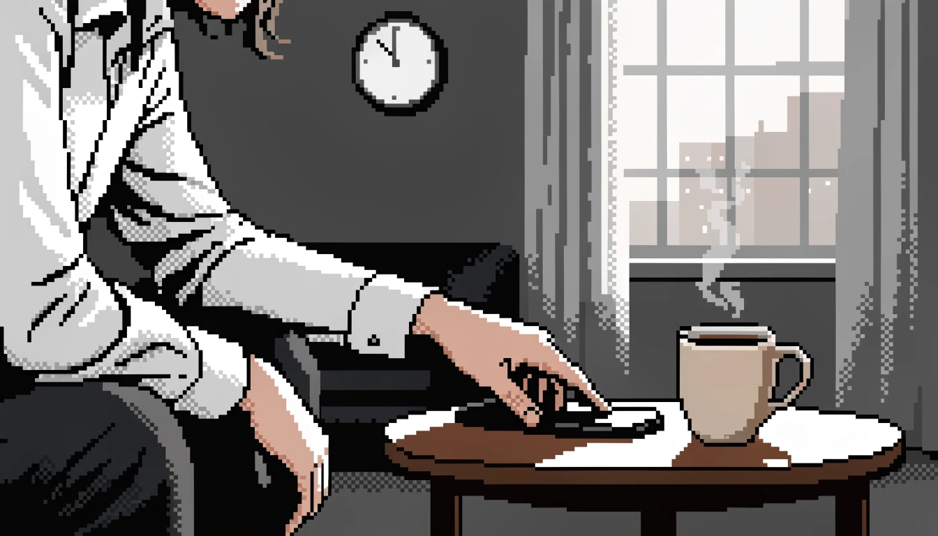 Person places smartphone face-down beside a tea mug in a British living room.
