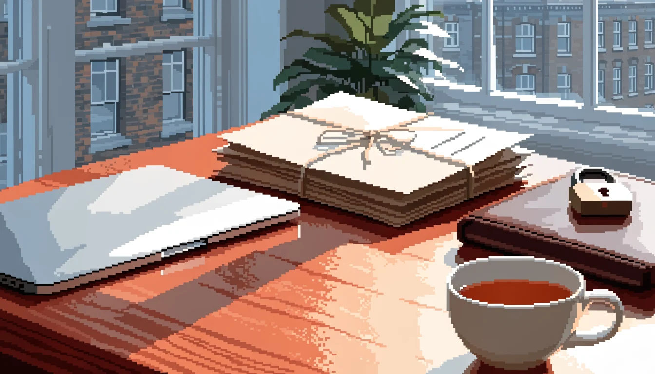 Closed laptop, sealed envelopes, and a padlock on a wooden desk by a window