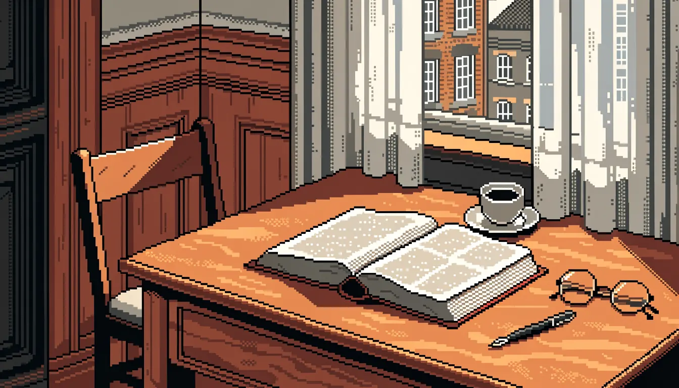 Wooden desk with an open rule book, fountain pen, glasses, and tea cup by a window.